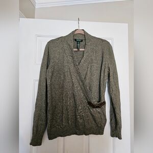 Lauren Ralph Lauren Olive Green Cashmere Angora Blend Buckle Wrap Sweater